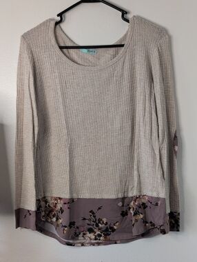 Beige Ribbed Layered Hem Top with Floral Trim